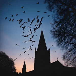 Fledermäuse fliegen zum Kirchturm