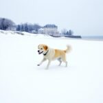 Hund im Winter am Strand