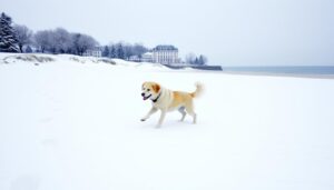 Hund im Winter am Strand